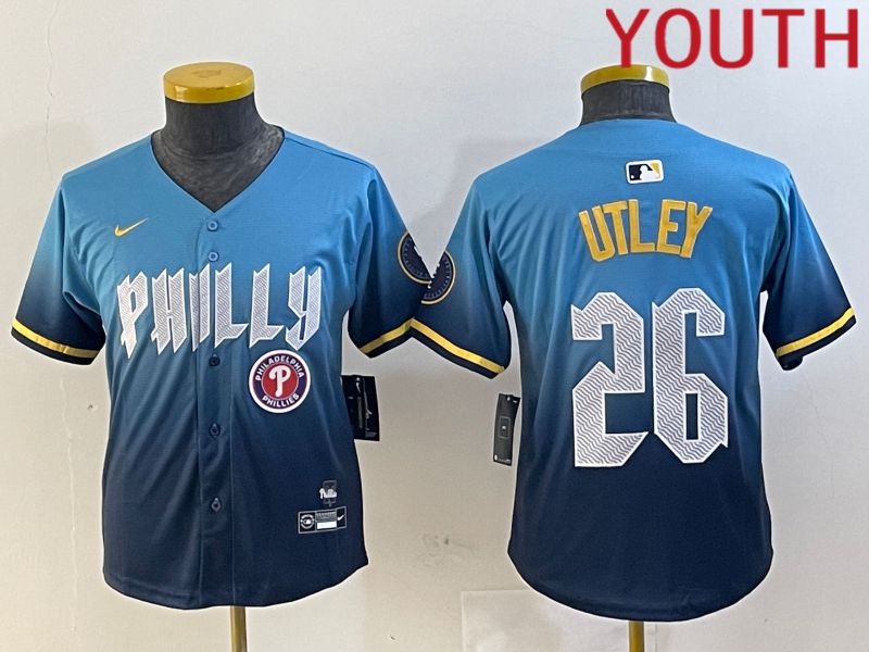 Youth Philadelphia Phillies 26 Utley Blue City Edition 2024 Nike MLB Jersey style 4